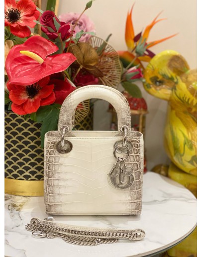 (LIKE NEW) CHRISTIAN DIOR MINI CROCODILE LEATHER  LADY DIOR LIMITED EDITION HANDLE BAG DIAMOND WITH SILVER HARDWARE- FULL SET-
