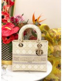 (LIKE NEW) CHRISTIAN DIOR MEDIUM LADY D-LITE TOTE BAG IN DIOR OFF WHITE & GOLD EMBROIDERED CANVAS 