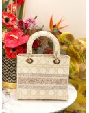 (LIKE NEW) CHRISTIAN DIOR MEDIUM LADY D-LITE TOTE BAG IN DIOR OFF WHITE & GOLD EMBROIDERED CANVAS 