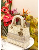 (LIKE NEW) CHRISTIAN DIOR MEDIUM LADY D-LITE TOTE BAG IN DIOR OFF WHITE & GOLD EMBROIDERED CANVAS 