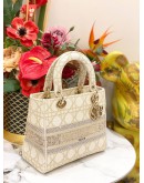 (LIKE NEW) CHRISTIAN DIOR MEDIUM LADY D-LITE TOTE BAG IN DIOR OFF WHITE & GOLD EMBROIDERED CANVAS 