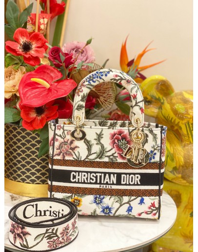 (LIKE NEW) CHRISTIAN DIOR MEDIUM LADY D-LITE TOTE BAG IN MULTICOLOR EMBROIDERED CANVAS 