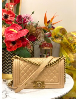 (LIKE NEW) CHANEL MEDIUM BOY BAG IN GOLD BEIGE CAVIAR LEATHER 