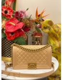 (LIKE NEW) CHANEL MEDIUM BOY BAG IN GOLD BEIGE CAVIAR LEATHER 