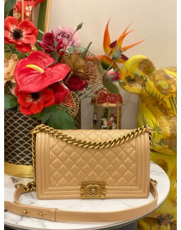 (LIKE NEW) CHANEL MEDIUM BOY BAG IN GOLD BEIGE CAVIAR LEATHER 