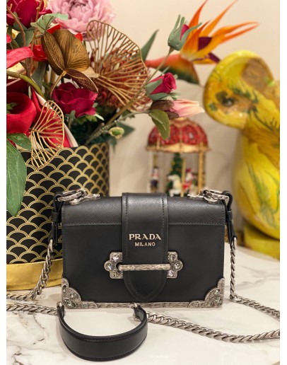 PRADA CAHIER MINI SHOULDER BAG IN BLACK SAFFIANO AND SMOOTH LEATHER 