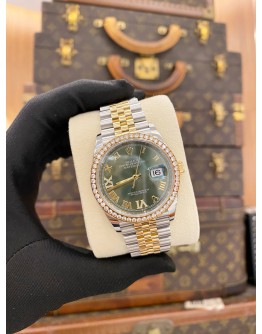 (LIKE NEW) 2019 ROLEX DATEJUST 36 HALF 18K 750 YELLOW GOLD REF 126283 JUBILEE FACTORY DIAMOND GREEN ROMAN VI IX DIAMOND DIAL 36MM AUTOMATIC WATCH -FULL SET-