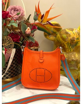 (LIKE NEW) 2021 YEAR  HERMES MINI EVELYNE TPM CLASSIC ORANGE TOGO LEATHER  WITH SILVER HARDWARE SHOULDER BAG STAMP Z