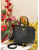 PRADA TOP HANDLE SNAP TOTE BAG IN BLACK SAFFIANO LUX LEATHER 