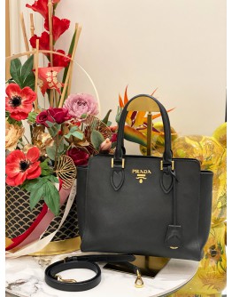 PRADA TOP HANDLE SNAP TOTE BAG IN BLACK SAFFIANO LUX LEATHER 