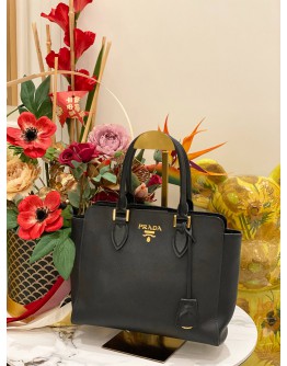 PRADA TOP HANDLE SNAP TOTE BAG IN BLACK SAFFIANO LUX LEATHER 