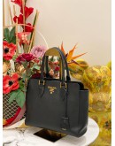 PRADA TOP HANDLE SNAP TOTE BAG IN BLACK SAFFIANO LUX LEATHER 