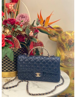 (LIKE NEW) MICROCHIP CHANEL RHINESTONE HANDLE SILVER CC LOGO NAVY BLUE FLAP BAG 
