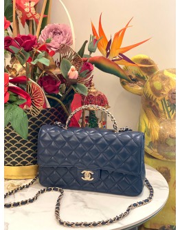 (LIKE NEW) MICROCHIP CHANEL RHINESTONE HANDLE SILVER CC LOGO NAVY BLUE FLAP BAG 