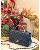 (LIKE NEW) MICROCHIP CHANEL RHINESTONE HANDLE SILVER CC LOGO NAVY BLUE FLAP BAG 