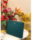 CHANEL GREEN QUILTED FABRIC O CASE CLUTCH -FULL SET-