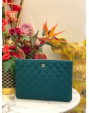 CHANEL GREEN QUILTED FABRIC O CASE CLUTCH -FULL SET-