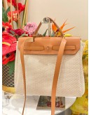 2019 HERMES HERBAG ZIP 31 TOP HANDLE AND SHOULDER BAG IN CANVAS BEIGE AND GOLD VACHE HUNTER LEATHER 
