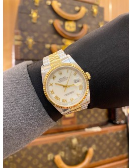 ROLEX DATEJUST 36 HALF 18K 750 YELLOW GOLD JUBILEE REF 16233 WHITE ROMAN NUMERALS DIAL 36MM AUTOMATIC WATCH -FULL SET-