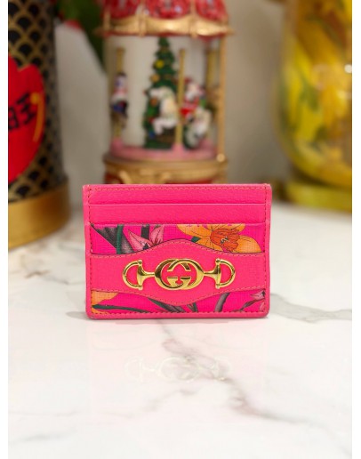 GUCCI FLORA ZUMI CARD HOLDER IN NEON PINK 