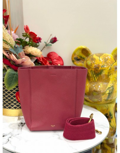 CELINE SANGLE SMALL BUCKET BAG IN RUBY RED GRAINED CALFSKIN LEATHER 