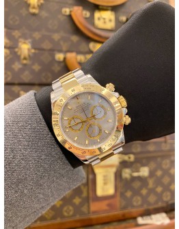 (LIKE NEW) 2005 ROLEX DAYTONA COSMOGRAPH HALF 18K 750 YELLOW GOLD REF 116523 CEMENT GRAY DIAL 40MM AUTOMATIC WATCH