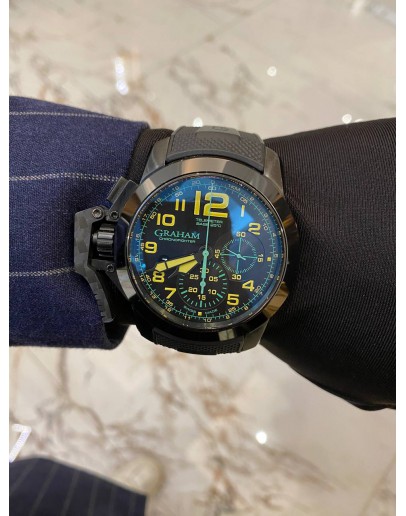 (UNUSED) 2022 GRAHAM CHRONOFIGHTER OVERSIZE GREEN FLASH DIAL WITH YELLOW ARABIC NUMERALS 47MM AUTOMATIC WATCH -FULL SET-