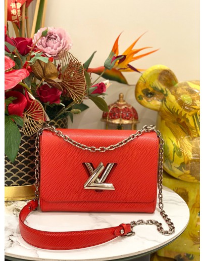 LOUIS VUITTON TWIST MM RED EPI LEATHER SILVER CHAIN CROSSBODAY BAG 
