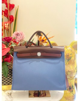 (LIKE NEW) HERMES HERBAG PM 31 CANVAS WITH BROWN CALFSKIN LEATHER CROSSBODY BAG 