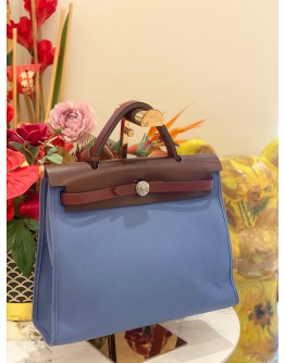 (LIKE NEW) HERMES HERBAG PM 31 CANVAS WITH BROWN CALFSKIN LEATHER CROSSBODY BAG 