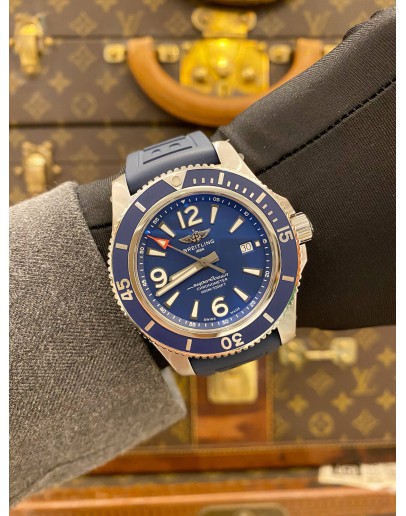(UNUSED) 2022 BREITLING SUPEROCEAN BLUE CERAMIC BEZEL REF A17367 BLUE DIAL 44MM AUTOMATIC WATCH -FULL SET-