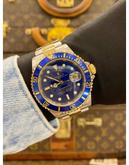 (LIKE NEW) 2011 ROLEX SUBMARINER DATE HALF 18K 750 YELLOW GOLD REF 16613 BLUE DIAL 40MM AUTOMATIC WATCH