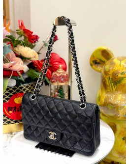 CHANEL BLACK CAVIAR LEATHER CLASSIC MEDIUM DOUBLE FLAP SILVER CHAIN BAG