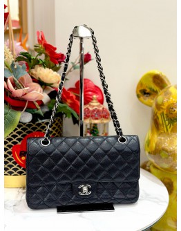 CHANEL BLACK CAVIAR LEATHER CLASSIC MEDIUM DOUBLE FLAP SILVER CHAIN BAG