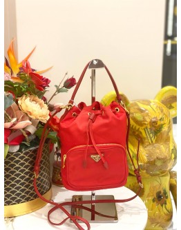(LIKE NEW) PRADA GEOMETRIC PATTERN NYLON BUCKET BAG IN RED 