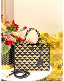 (LIKE NEW) PRADA SYMBOLE JACQUARD FABRIC CANVAS HANDBAG IN BEIGE & BLACK