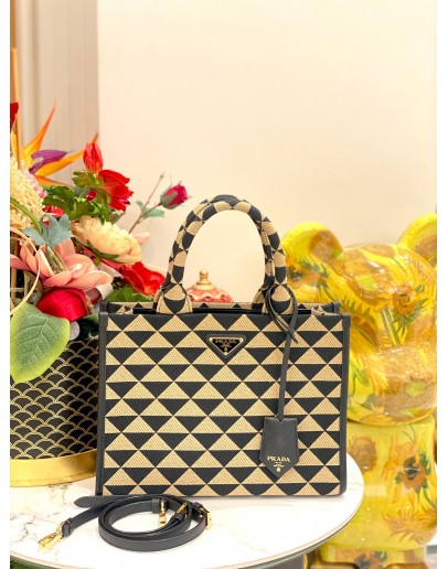 (LIKE NEW) PRADA SYMBOLE JACQUARD FABRIC CANVAS HANDBAG IN BEIGE & BLACK