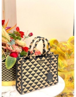 (LIKE NEW) PRADA SYMBOLE JACQUARD FABRIC CANVAS HANDBAG IN BEIGE & BLACK