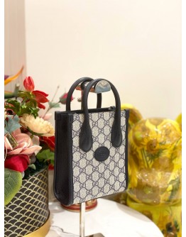 (LIKE NEW) GUCCI INTERLOCKING G MINI TOTE BAG IN NAVY BLUE AND BEIGE GG SUPREME CANVAS WITH LEATHER TRIM