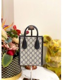 (LIKE NEW) GUCCI INTERLOCKING G MINI TOTE BAG IN NAVY BLUE AND BEIGE GG SUPREME CANVAS WITH LEATHER TRIM