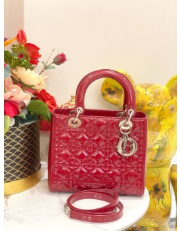 CHRISTIAN DIOR LADY DIOR MEDIUM TOP HANDLE BAG IN RED PATENT LEATHER 