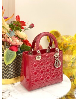 CHRISTIAN DIOR LADY DIOR MEDIUM TOP HANDLE BAG IN RED PATENT LEATHER 