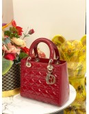 CHRISTIAN DIOR LADY DIOR MEDIUM TOP HANDLE BAG IN RED PATENT LEATHER 