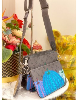 (LIKE NEW)  MICROCHIP LOUIS VUITTON X YAYOI KUSAMA PUMPKINS REVERSE MONOGRAM ECLIPSE CANVAS LIMITED TRIO BAG -FULL SET-