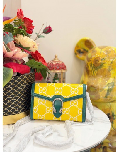 (LIKE NEW) GUCCI DIONYSUS MINI SHOULDER BAG IN YELLOW GG EMBOSSED LEATHER WITH GREEN TRIM- FULL SET-