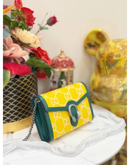 (LIKE NEW) GUCCI DIONYSUS MINI SHOULDER BAG IN YELLOW GG EMBOSSED LEATHER WITH GREEN TRIM- FULL SET-