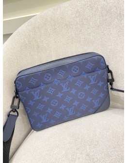 2023 MICROCHIP LOUIS VUITTON DUO MESSENGER BAG IN NAVY BLUE MONOGRAM SHADOW LEATHER WITH A DETACHABLE COIN PURSE ON STRAP FULL SET