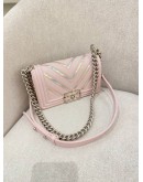 CHANEL SMALL BOY FLAP SOFT PINK CHEVRON LAMBSKIN LEATHER SILVER HARDWARE WITH IRIDESCENT TRIM