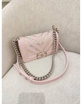 CHANEL SMALL BOY FLAP SOFT PINK CHEVRON LAMBSKIN LEATHER SILVER HARDWARE WITH IRIDESCENT TRIM