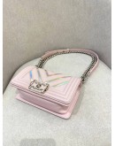 CHANEL SMALL BOY FLAP SOFT PINK CHEVRON LAMBSKIN LEATHER SILVER HARDWARE WITH IRIDESCENT TRIM